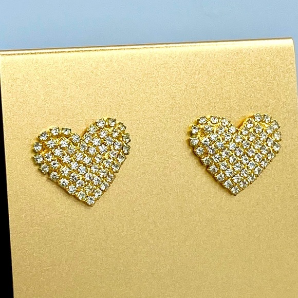 Vintage Pave Heart Button Earrings Gold Tone Post Back Pierced - Picture 1 of 6